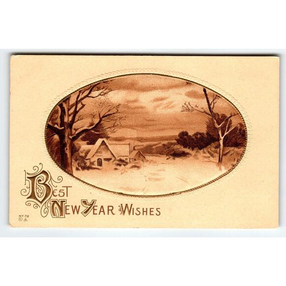 Best New Year Wishes Postcard Nash Series NY 72 Antique Oval Rustic Winter Scene - Picture 1 of 2